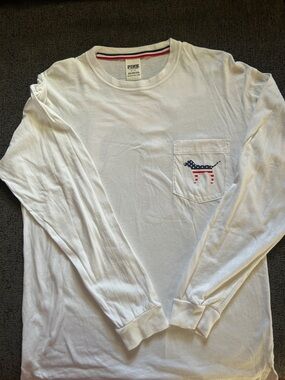 White PINK Long-Sleeve Pocket Tee with Patriotic Dog Graphic